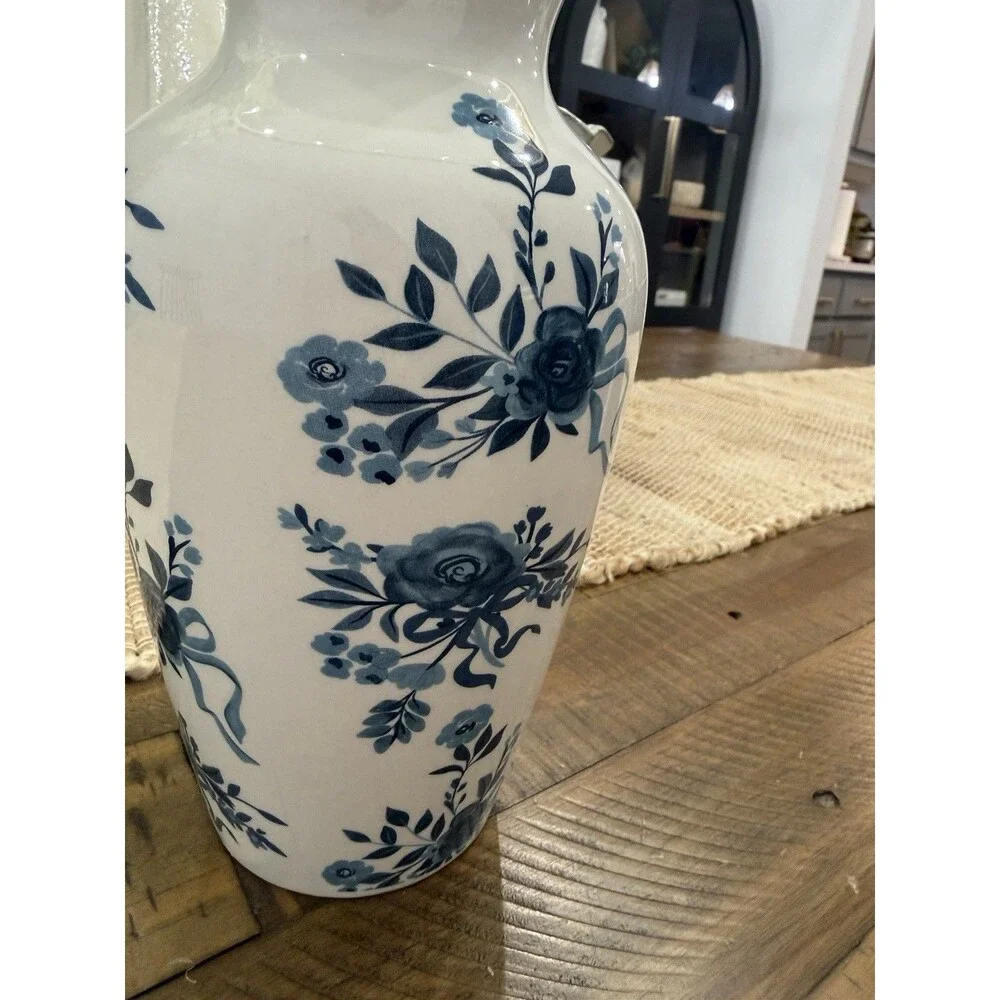 Blue White Floral Ceramic Vase Chinoiserie Spring Home Decor 9” NEW